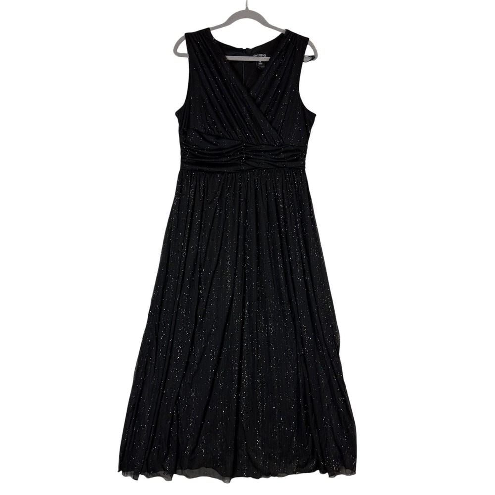 En Focus Studio Dress Womens 14 Black Glitter Sleeveless Maxi Wrap Lined Formal